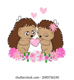hedgehogs couple in love cute illustration of hedgehogs with flowers for valentine's day card textile print packaging decoration t-shirt print love childrens illustration Vector illustration