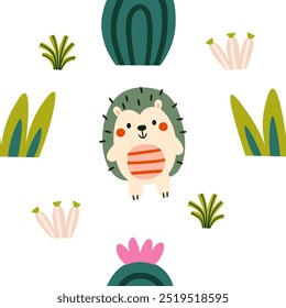 Hedgehogs cute seamless pattern design illustration vector in a forest. Cactus grass 