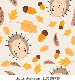 Hedgehogs cute seamless pattern. Vector illustration for fabric design, gift paper, baby clothes, textiles, cards.