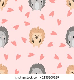 Hedgehogs cute seamless pattern. Vector illustration for fabric design, gift paper, baby clothes, textiles, cards.