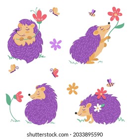 Hedgehogs in different poses with flowers. A set of cartoon characters on a white background. Print for children's clothing. Vector illustration