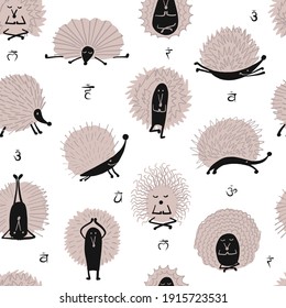 Hedgehogs doing Yoga. Funny characters for your design. Seamless Pattern. Vector illustration.