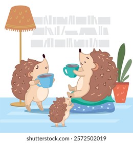 
hedgehogs drinking tea in a cozy room, evening, happy family, cozy home, sweet home