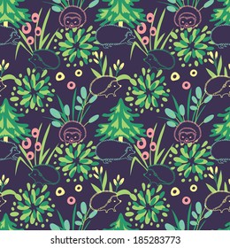 Hedgehogs in the forest. Vector seamless pattern