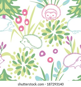 Hedgehogs in the forest. Vector seamless pattern