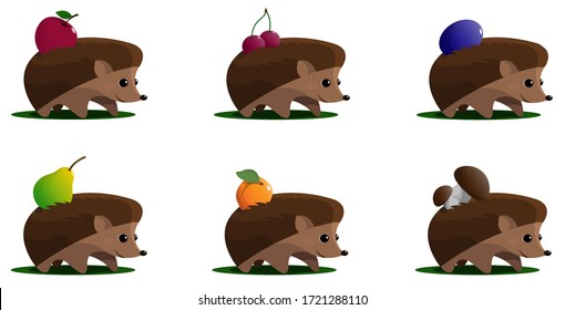 hedgehogs with fruits on the back set of vector graphics. cartoon images hedgehogs with apple, cherries, pear, apricot, plum and mushrooms on a green lawn. Set of stock vector illustration