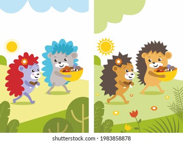 Hedgehogs sind Beeren, Vektorgrafik, Set. Bild über das Thema Liebe und Freundschaft zusammen. Tiere unter freiem Himmel, in der Natur, gehen entlang des Waldes. Sonniger Tag. Grüner Rasen. Blumen.