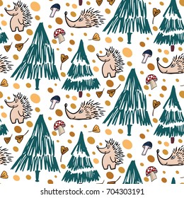 Hedgehogs, green tree, yellow leaves and mushrooms - vector seamless pattern.