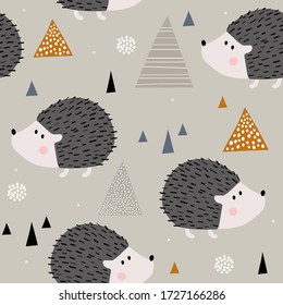 Hedgehogs, hand drawn backdrop. Colorful seamless pattern with animals. Decorative cute wallpaper, good for printing. Overlapping colored background vector. Design illustration