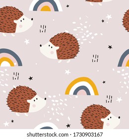 Hedgehogs, hand drawn backdrop. Colorful seamless pattern with animals, rainbow. Decorative cute wallpaper, good for printing. Overlapping colored background vector. Design illustration