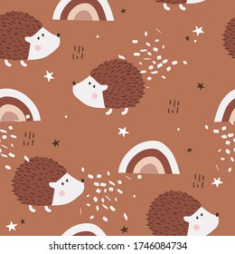 Hedgehogs, hand drawn backdrop. Colorful seamless pattern with animals, rainbow. Decorative cute wallpaper, good for printing. Overlapping colored background vector. Design illustration