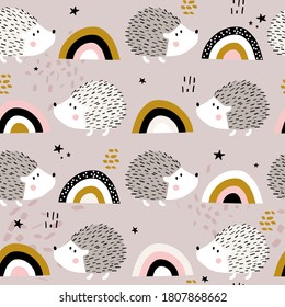 Hedgehogs, hand drawn backdrop. Colorful seamless pattern with animals, rainbow. Decorative cute wallpaper, good for printing. Overlapping colored background vector. Design illustration