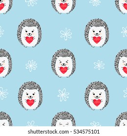  Hedgehogs with hearts seamless pattern. Vector background for Valentines Day and Birthday greeting cards, fabric, wrapping paper. 