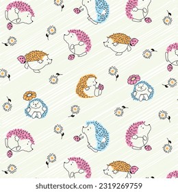 Hedgehogs and ladybugs with flowers pattern