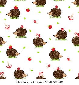 Hedgehogs with mushrooms and apples on the grass. Seamless pattern with hedgehogs and fly agaric. Print for fabric, wrapping paper and phone case. 