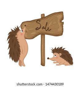 Hedgehogs near wooden signboard with the inscription "Sale" in vector. Cartoon illustration