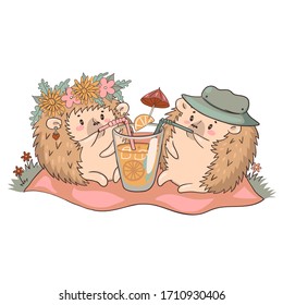 Hedgehogs on a picnic drink lemonade isolate on a white background. Vector graphics.