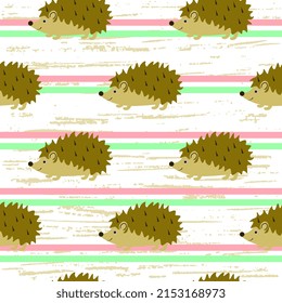 Hedgehogs on a striped background, Cartoon Porcupine cheerful children's design, festive seamless illustration