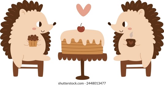 Hedgehogs Pair With Cake Vector Illustration