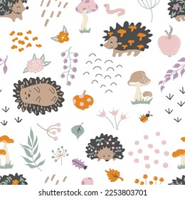 Hedgehogs pattern. Baby print. Seamless pattern with forest plants, dots, arcs, apples,  mushrooms, leaves, flowers, branches.  Vector background.