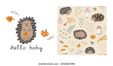 Hedgehogs pattern. Card Hello baby. Vector background. Seamless pattern with forest plants, dots, arcs, apples,  mushrooms, leaves, flowers, branches. Baby print
