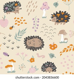 Hedgehogs pattern. Vector background. Seamless pattern with forest plants, dots, arcs, apples,  mushrooms, leaves, flowers, branches. Baby print