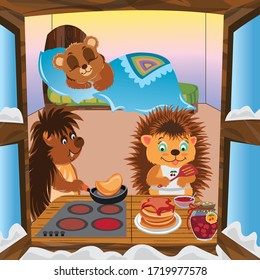 Hedgehogs prepare pancakes with jam in the kitchen in the room on the bed sleeping little bear cub on the windows snow winter vector cartoon