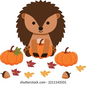 Hedgehogs and pumpkins in autumn
