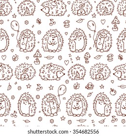 Hedgehogs seamless pattern. Hand drawn doodles cute Hedgehogs - vector illustration. Background for kids