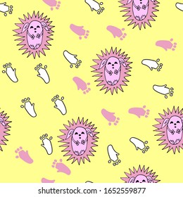 Hedgehogs seamless pattern on a yellow background. Baby design for fabric. Vector stock illustration.