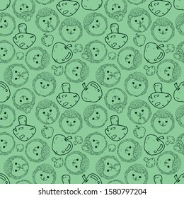 Hedgehogs seamless pattern. Vector illustration of children's background made of hedgehogs and apples seamless pattern. Background from cartoon hedgehogs and mushrooms children's seamless pattern.