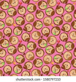 Hedgehogs seamless pattern. Vector illustration of children's background made of hedgehogs and apples seamless pattern. Background from cartoon hedgehogs and mushrooms children's seamless pattern.