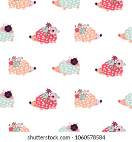 Hedgehogs seamless vector pattern.
