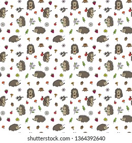 Hedgehogs seamless vector pattern. Hand drawn hedgehogs, leaves, mushrooms, fruits seamless pattern for background, textile, fabric, wrapping paper
