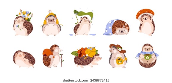 Hedgehogs set. Cute porcupine sleeps, holds tea cup, carries mushroom. Happy prickly forest animal with amusing muzzle. Character with flowers. Flat isolated vector illustrations on white background