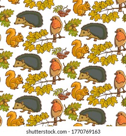 Hedgehogs and squirrels, birds sitting on branch of rowanberry seamless pattern. Autumn season, foliage of rowan and woodland animals. Fall period, oak tree leaves with acorns, vector in flat style