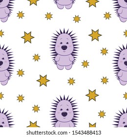 
Hedgehogs and stars. Seamless pattern. On a white background a color image of hedgehogs and stars. Vector illustration.