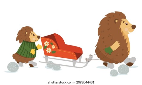 Hedgehogs in a sweater and mittens with sledges.