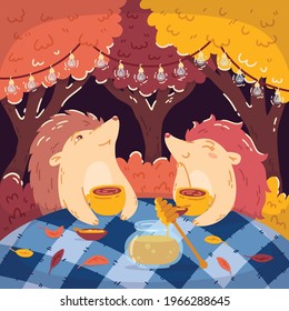 Hedgehogs tea party in the autumn forest, with a jar of honey. Glowing garlands hang on the trees. Children's vector illustrations for books, posters, and postcards. Woodland background. svg