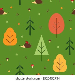Hedgehogs, trees, leaves, mushrooms autumn seamless pattern.
Vector
