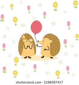 Hedgehogs two with a balloon balloon on a flower meadow, couple in love, cute postcard, Vector holiday illustration