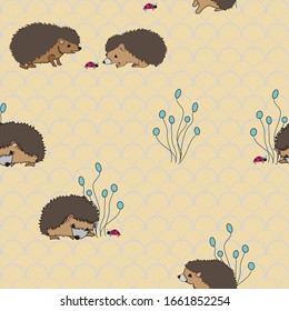 Hedgies, die Hedgehogs erforschen, treffen sich auf dem Hintergrund einer nahtlosen Vektorillustration mit einem Skallop