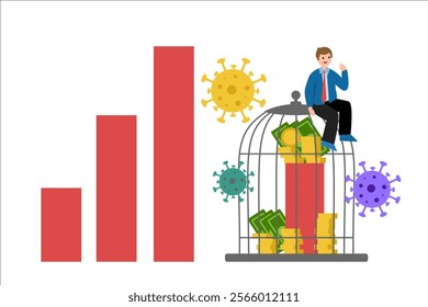 Hedging. Graphic bar. Protection of money from external threats. A man sits on a cage with money. Vector simple color flat illustration.  