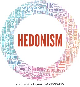Diseño conceptual de nube de palabras de hedonismo aislado sobre fondo blanco.