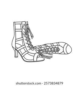 Heel boots for women with string vector line art. Top, and side view. Technical sketch hand drawing outline vector doodle illustration. 