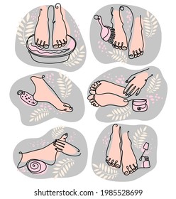 Heel care. Foot spa. Pedicure, bath and heel massage, peeling and applying cream. Banner with female legs. Linear art and minimalist style isolated on white background. Vector illustration.