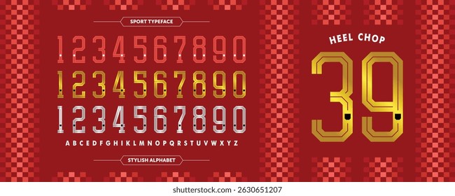 Heel Chop 39: Red sport jersey template with bold striped patterns. Includes A-Z characters and numbers for a standout style. Gold, white, and red color combination