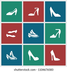 Heel icon. collection of 9 heel filled icons such as woman shoe. editable heel icons for web and mobile.