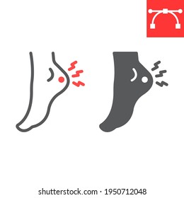 Heel pain line and glyph icon, painful and illness, foot ache vector icon, vector graphics, editable stroke outline sign, eps 10