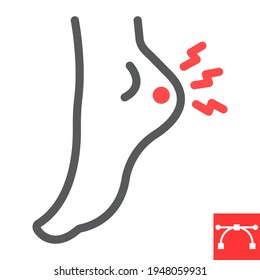 Heel pain line icon, painful and illness, foot ache vector icon, vector graphics, editable stroke outline sign, eps 10